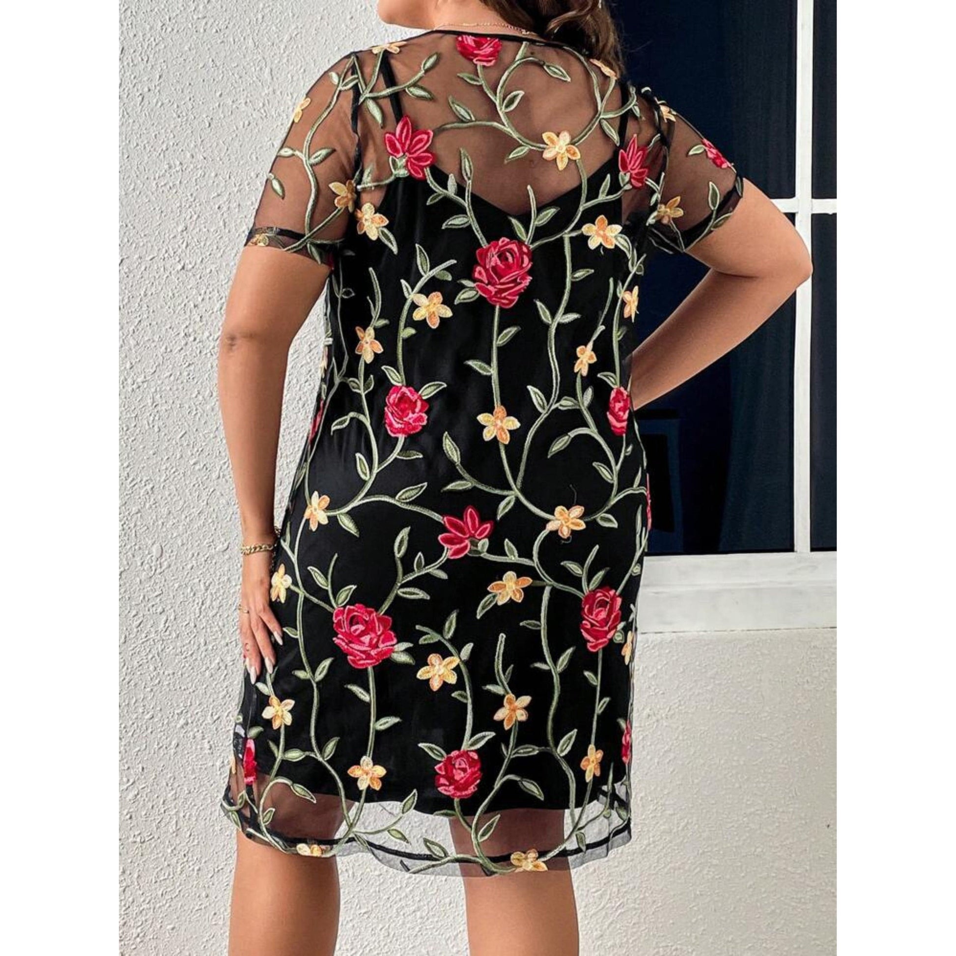 SHEIN Shein Womens Dress S / Multi-Color SHEIN - Floral Embroidery Mesh Overlay Dress With Slip Dress