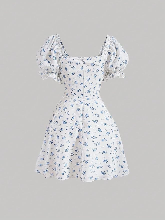 SHEIN Shein Womens Dress S / White SHEIN - Floral Print Sweetheart Neck Tie Waist Dress