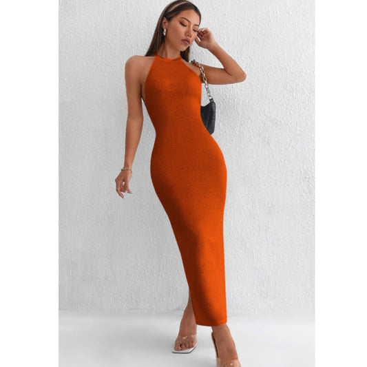 SHEIN Shein Womens Dress S / Brown SHEIN - Halter Neck Solid Color Long dress