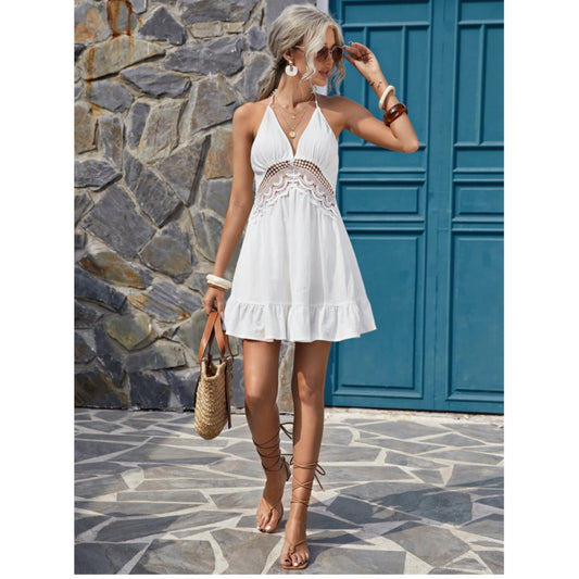 SHEIN Shein Womens Dress M / White SHEIN - knotted Back Open Dress with Embellished Lace Insert