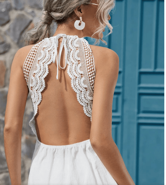 SHEIN Shein Womens Dress M / White SHEIN - knotted Back Open Dress with Embellished Lace Insert
