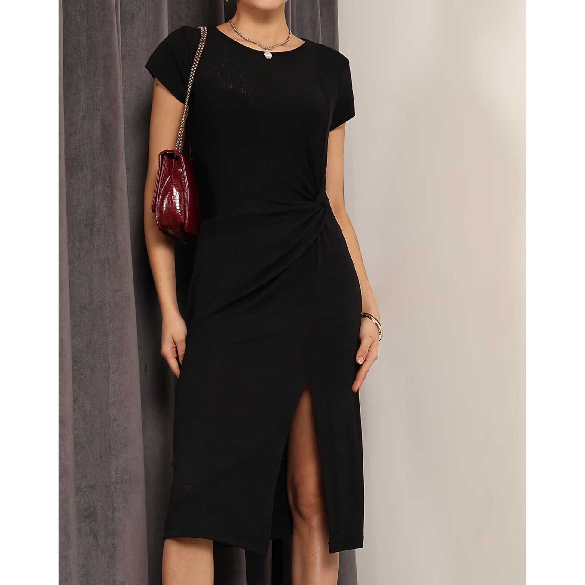 SHEIN Shein Womens Dress M / Black SHEIN - Knotted Short Sleeve Dress