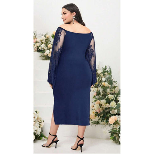 SHEIN Shein Womens Dress XL / Navy SHEIN - Off Shoulder Lace Bell Sleeve Split Thigh Dress