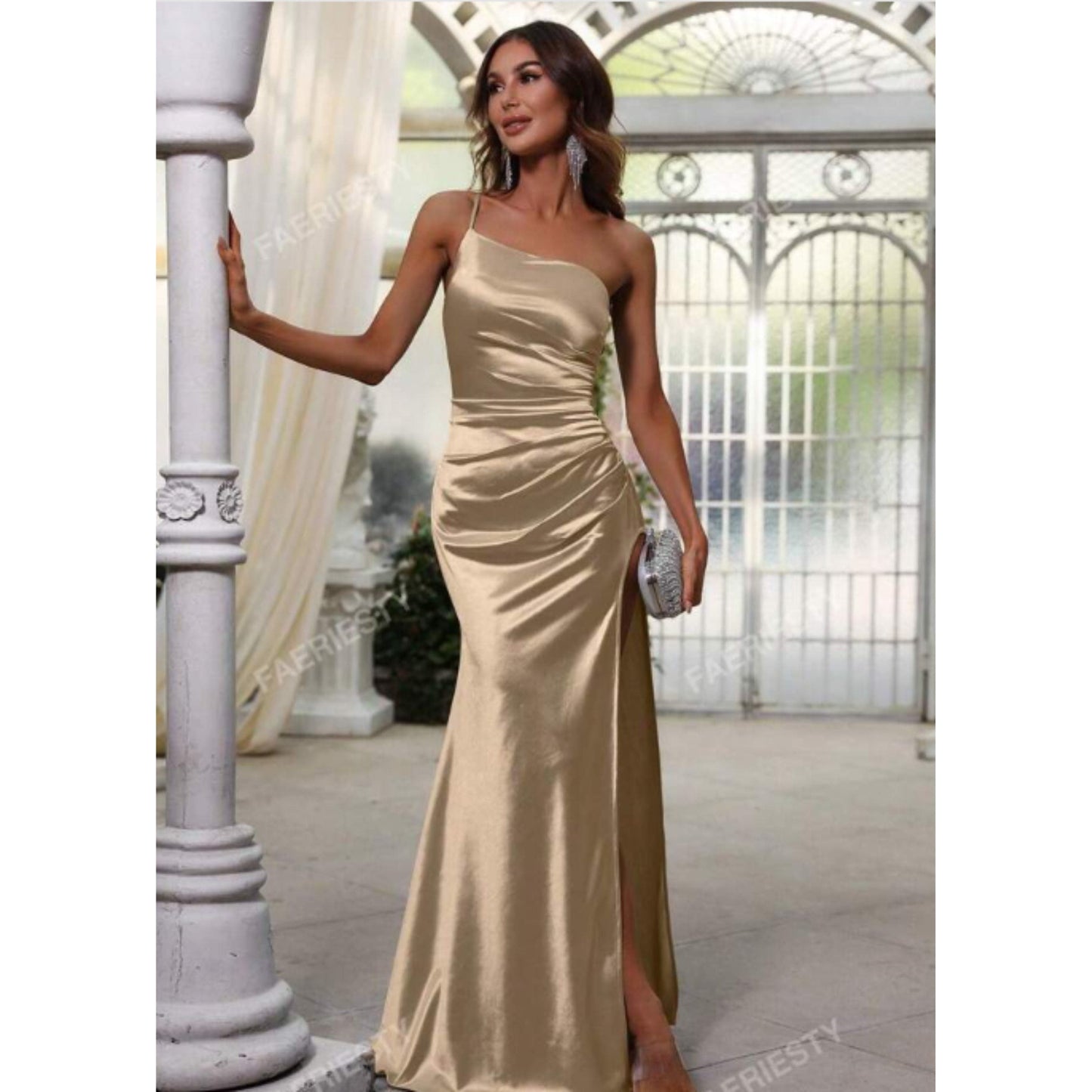 SHEIN Shein Womens Dress XL / Beige SHEIN - One Shoulder Split Thigh Dress Elegant Bridesmaid Dress