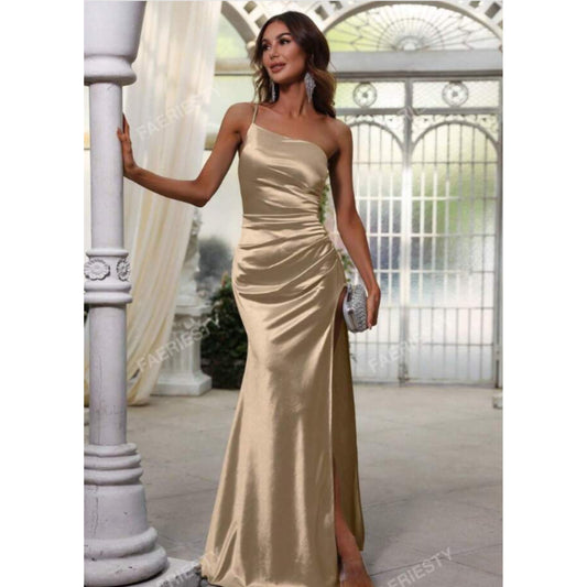 SHEIN Shein Womens Dress XL / Beige SHEIN - One Shoulder Split Thigh Dress Elegant Bridesmaid Dress