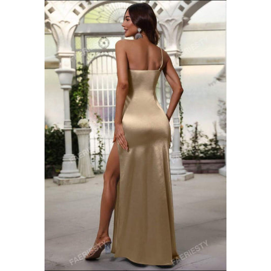 SHEIN Shein Womens Dress XL / Beige SHEIN - One Shoulder Split Thigh Dress Elegant Bridesmaid Dress