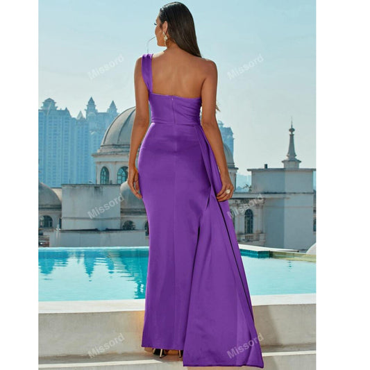 SHEIN Shein Womens Dress XL / Purple SHEIN - One Shoulder Wrap Hem Satin Floor Length Formal Gown
