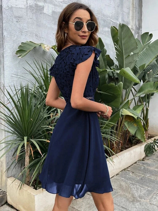 SHEIN Shein Womens Dress L / Navy SHEIN -  Plant Print Butterfly Sleeve Guipure Lace Insert Dress