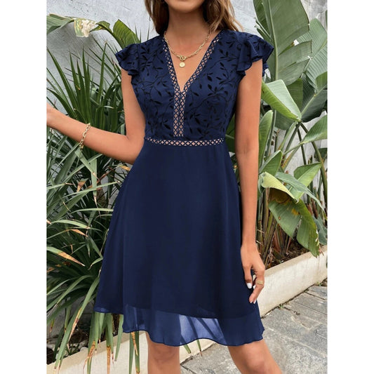 SHEIN Shein Womens Dress L / Navy SHEIN -  Plant Print Butterfly Sleeve Guipure Lace Insert Dress