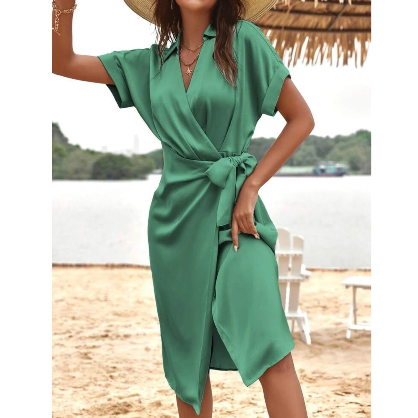 SHEIN Shein Womens Dress M / Green SHEIN -  Solid Batwing Sleeve Wrap Satin Dress