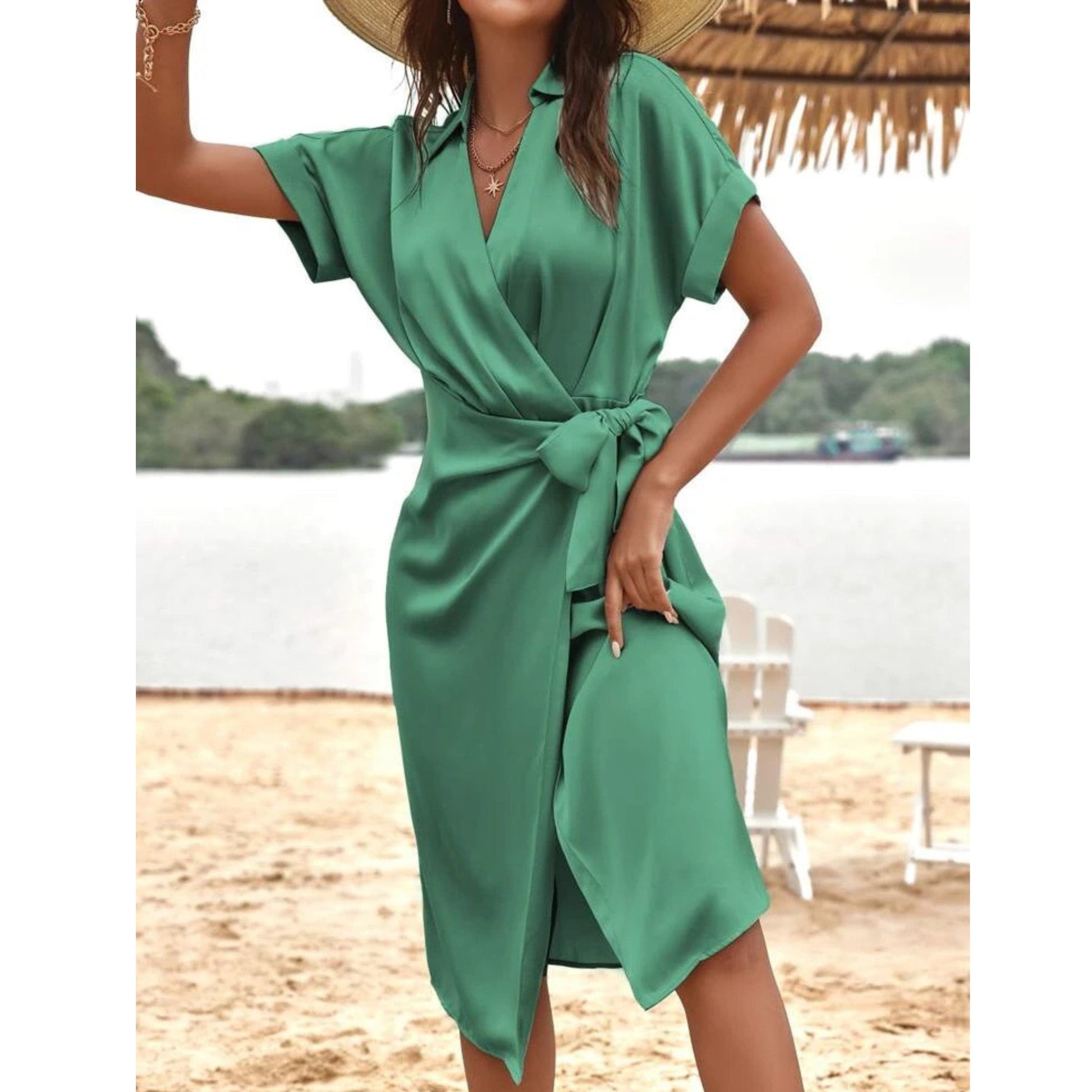 SHEIN Shein Womens Dress M / Green SHEIN -  Solid Batwing Sleeve Wrap Satin Dress