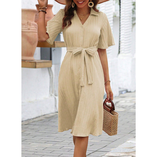 SHEIN Shein Womens Dress L / Beige SHEIN -  Solid Belted Shirt Dress