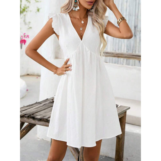 SHEIN Shein Womens Dress L / White SHEIN - Solid Ruffle Trim Smock Dress