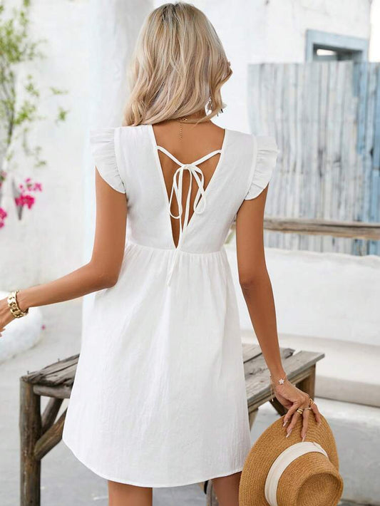 SHEIN Shein Womens Dress L / White SHEIN - Solid Ruffle Trim Smock Dress