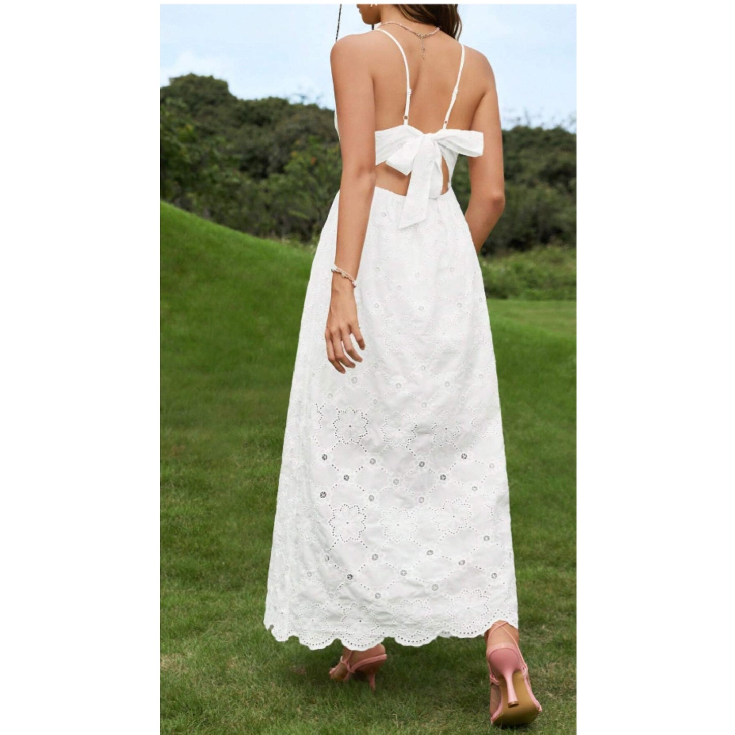 SHEIN Shein Womens Dress M / White SHEIN - Solid Tie Backless Eyelet Embroidery Cami long Dress
