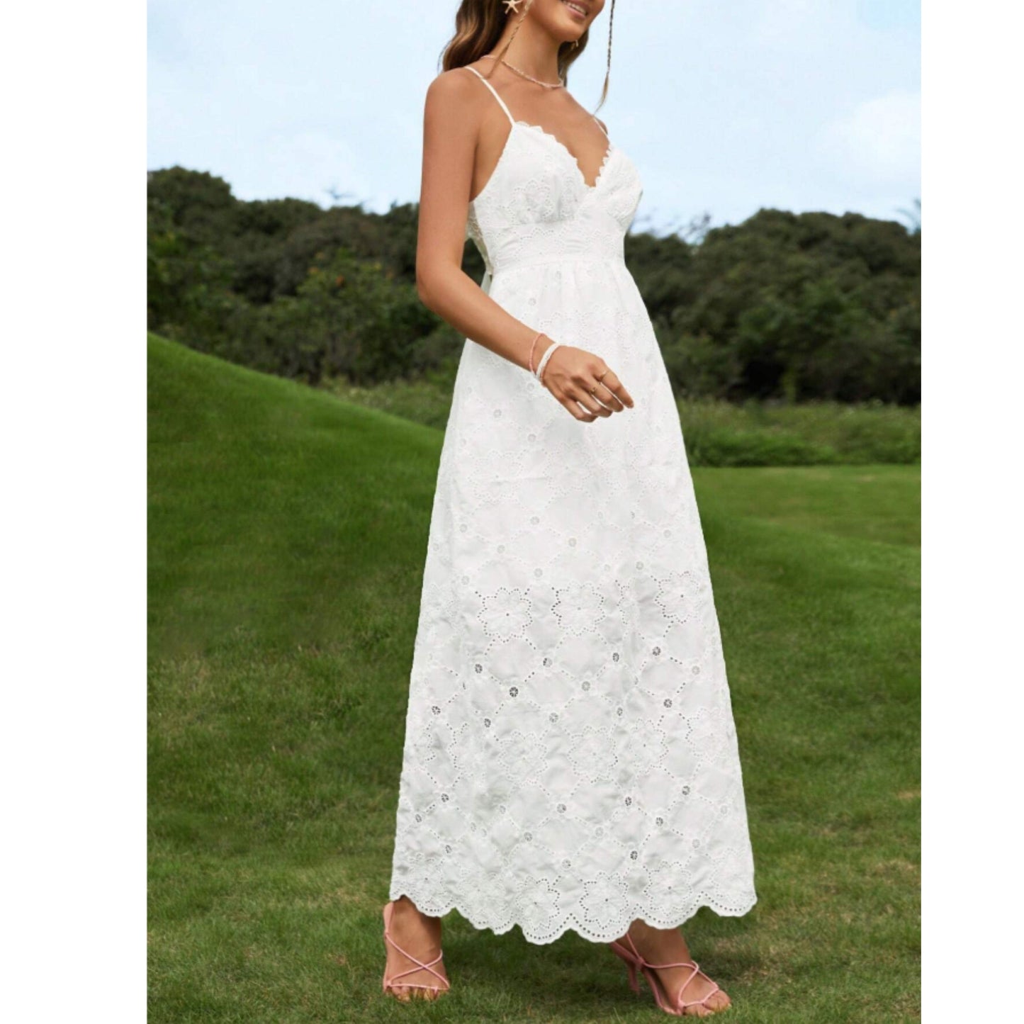 SHEIN Shein Womens Dress M / White SHEIN - Solid Tie Backless Eyelet Embroidery Cami long Dress