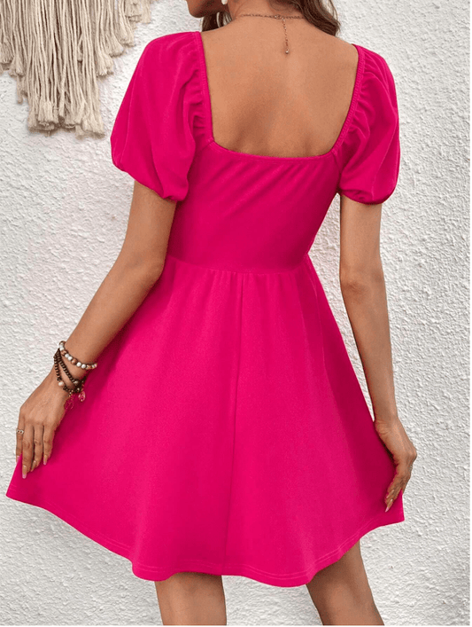 SHEIN Shein Womens Dress L / Pink SHEIN - Square Neck Knot Front Puff Sleeve Dress