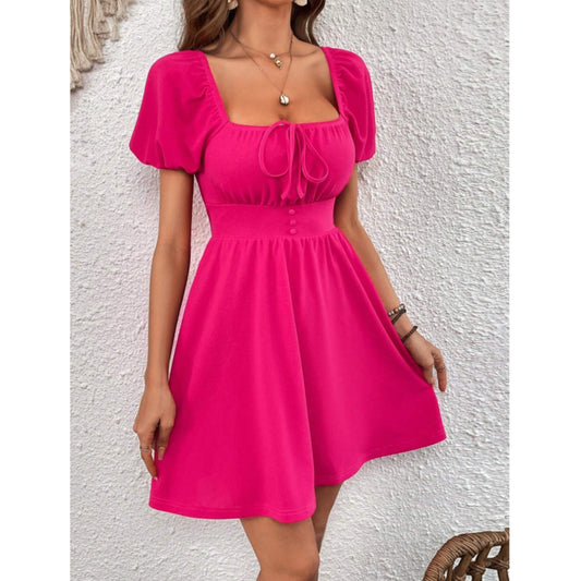 SHEIN Shein Womens Dress L / Pink SHEIN - Square Neck Knot Front Puff Sleeve Dress