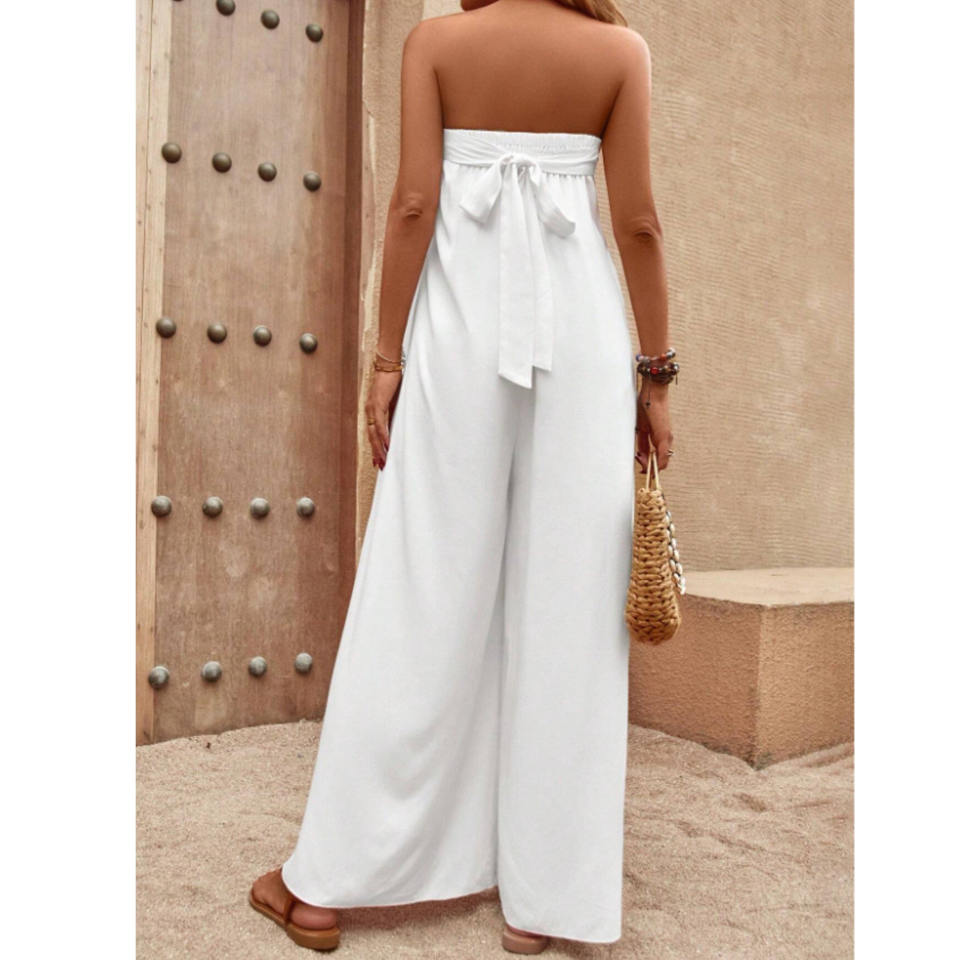 SHEIN Shein Womens Overall L / White / 40 SHEIN - Solid Tie Back Tube Wide Leg Jumpsuit Overall