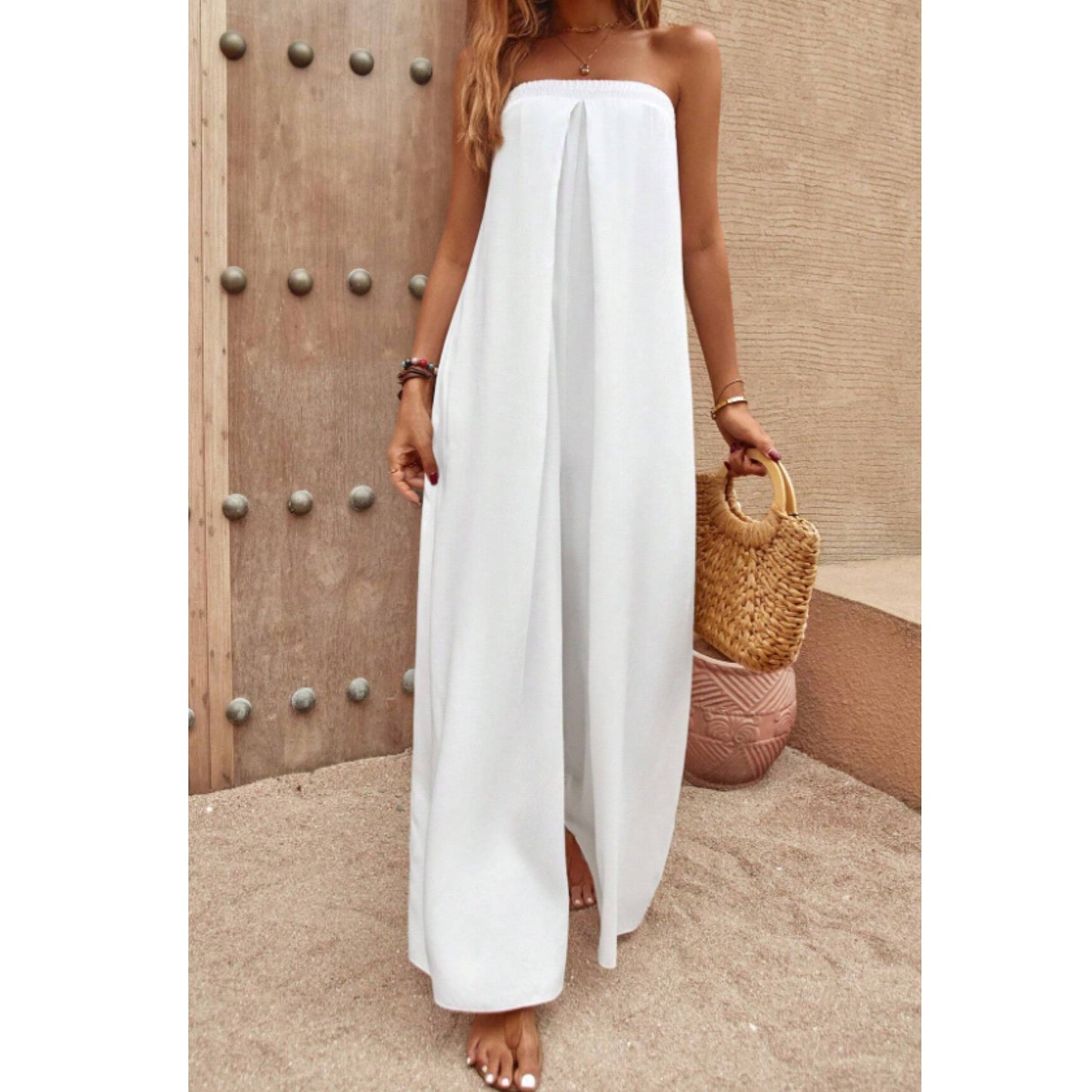 SHEIN Shein Womens Overall L / White / 40 SHEIN - Solid Tie Back Tube Wide Leg Jumpsuit Overall