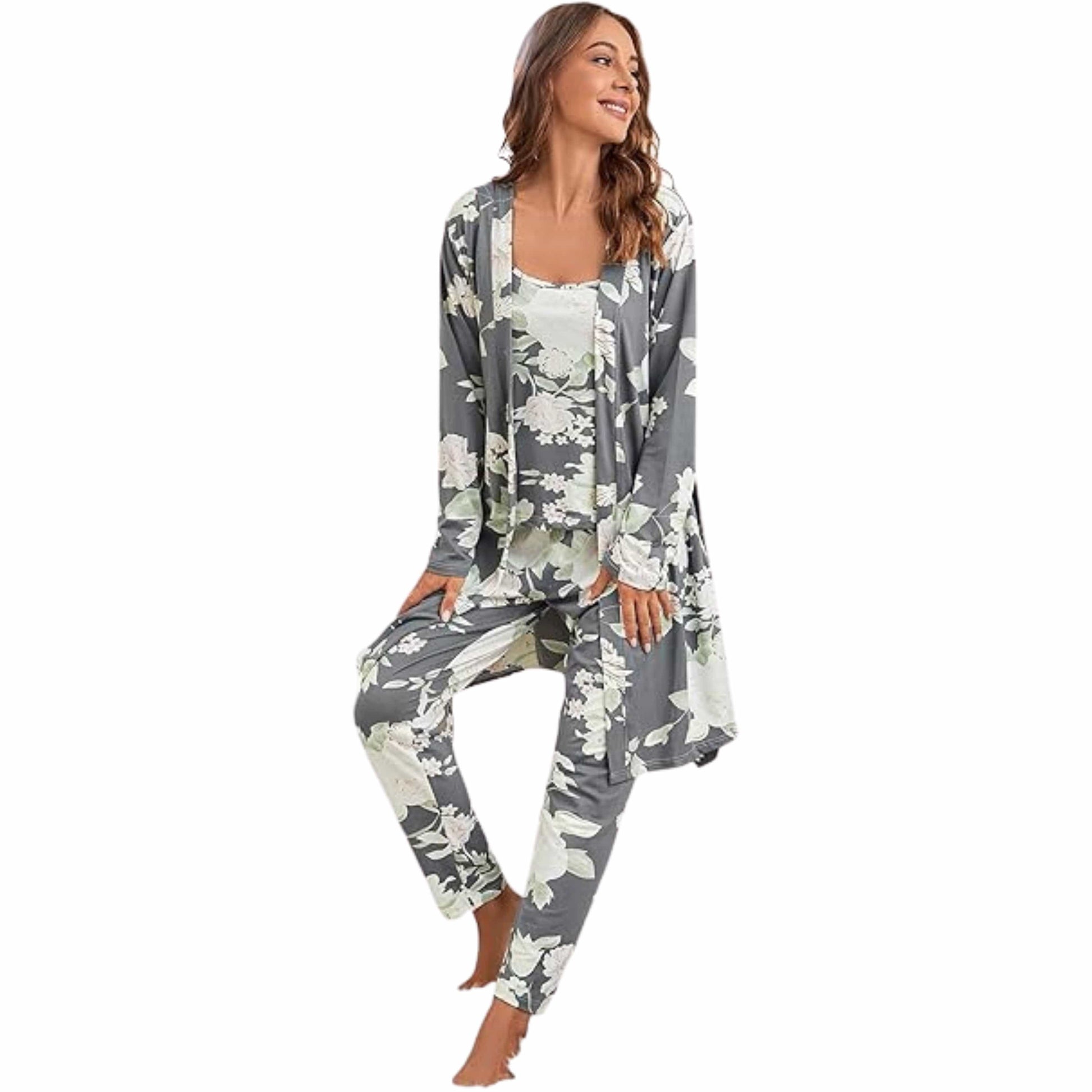 SHEIN Shein Womens Pajama M / Multi-Color SHEIN -  3 pcs Sleepwear Leaf Print Cami and Pants Pajama Set with Robe