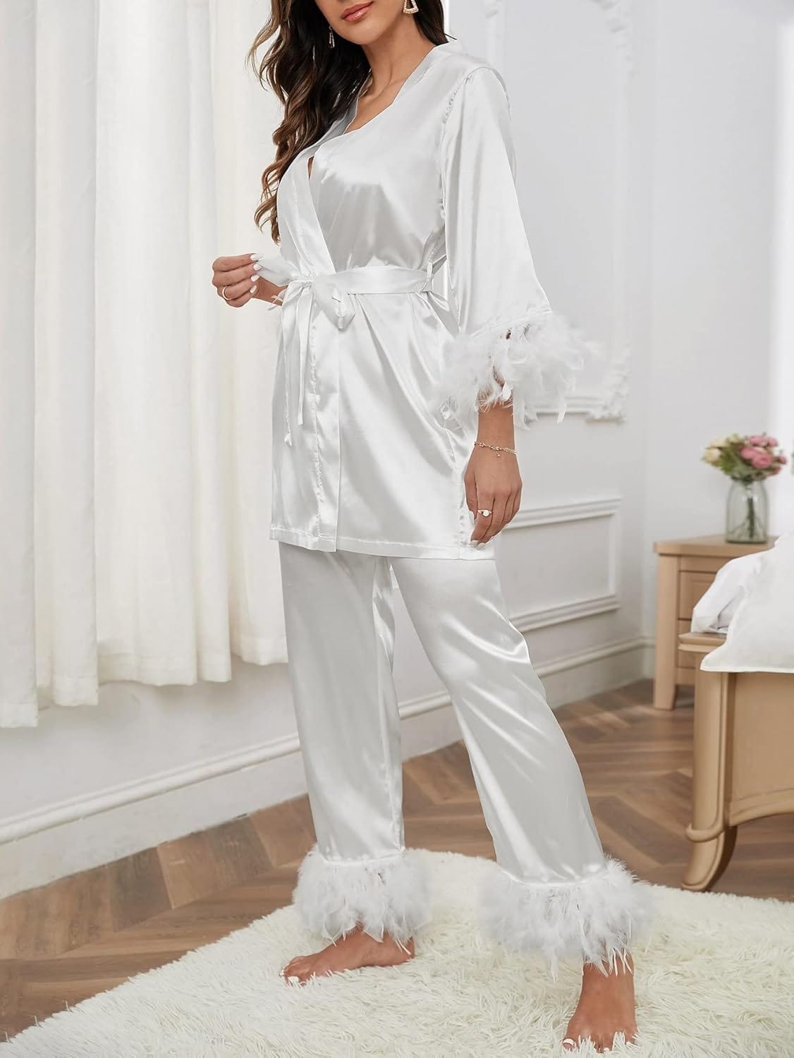 SHEIN Shein Womens Pajama M / White SHEIN - Fluffy Striped Satin Belt Pajama Set