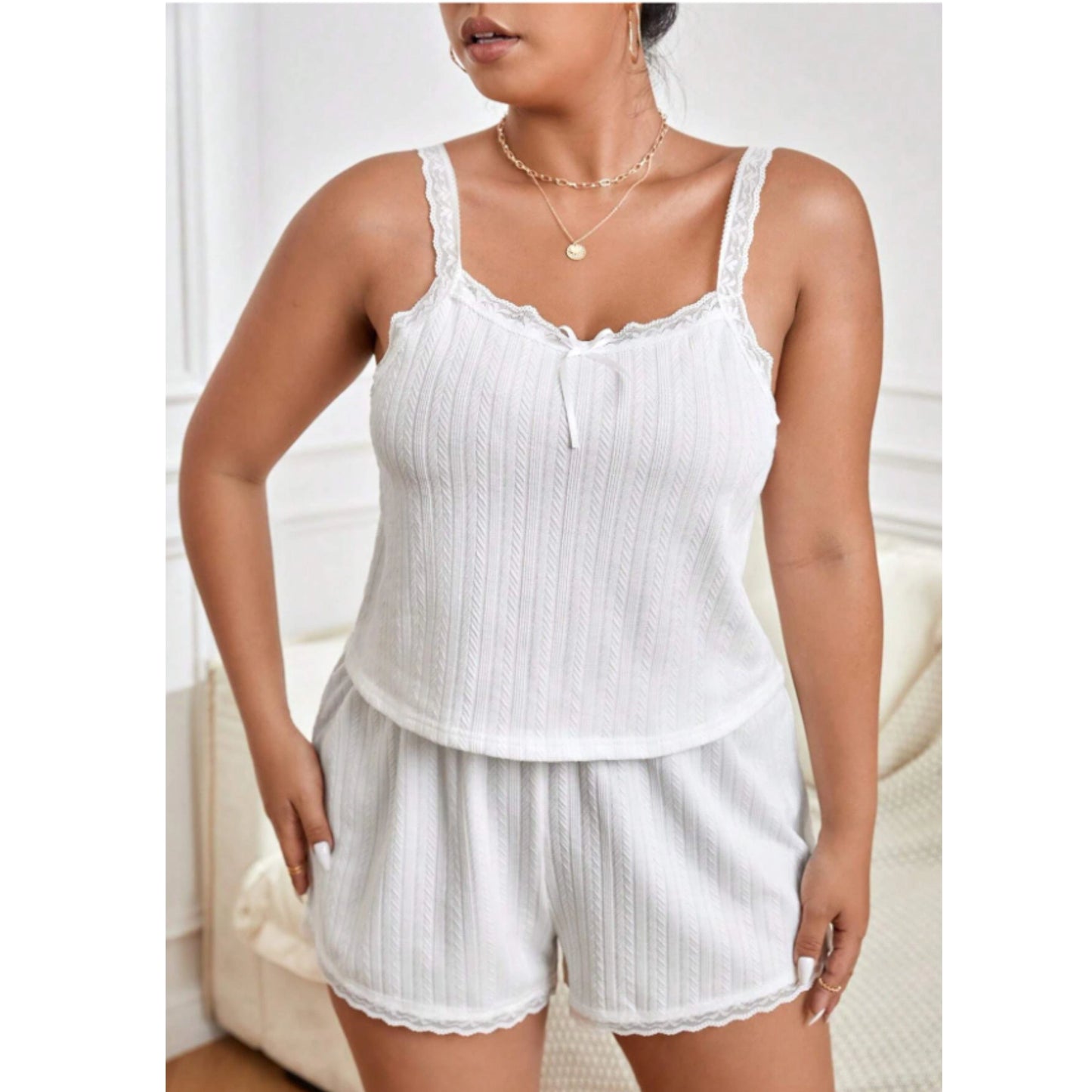 SHEIN Shein Womens Pajama L / White SHEIN - Textured tank top shorts pajama set