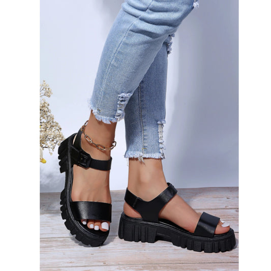 SHEIN Shein Womens Shoes 38 / Black SHEIN - Decorated Buckle Thick Sole Ankle Strap Sandals
