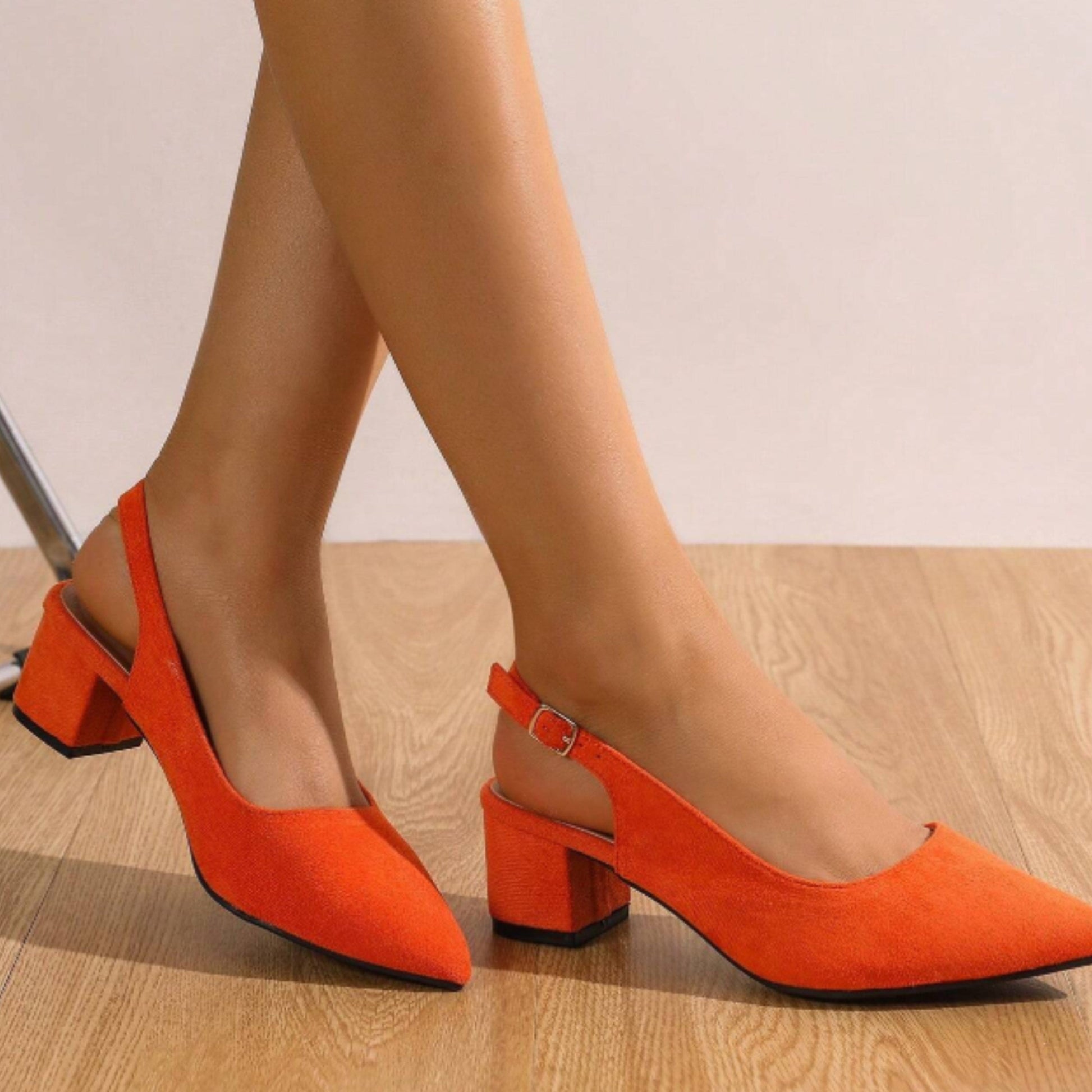 SHEIN Shein Womens Shoes 37 / Orange SHEIN - High Heel Pointed Toe Chunky Heel Suede Leather Open Back Pumps