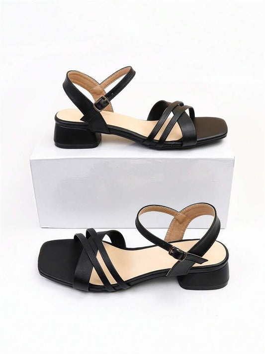 SHEIN Shein Womens Shoes 40 / Black SHEIN - Rhinestone & Buckle Décor Chunky Heeled Ankle Strap Sandals