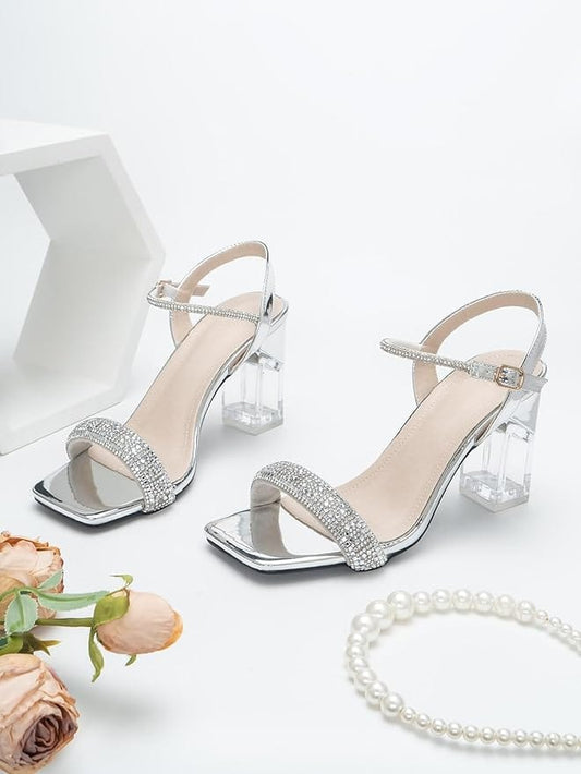 SHEIN Shein Womens Shoes 38 / Silver SHEIN - Shiny Rhinestone Embellished Chunky Sandals