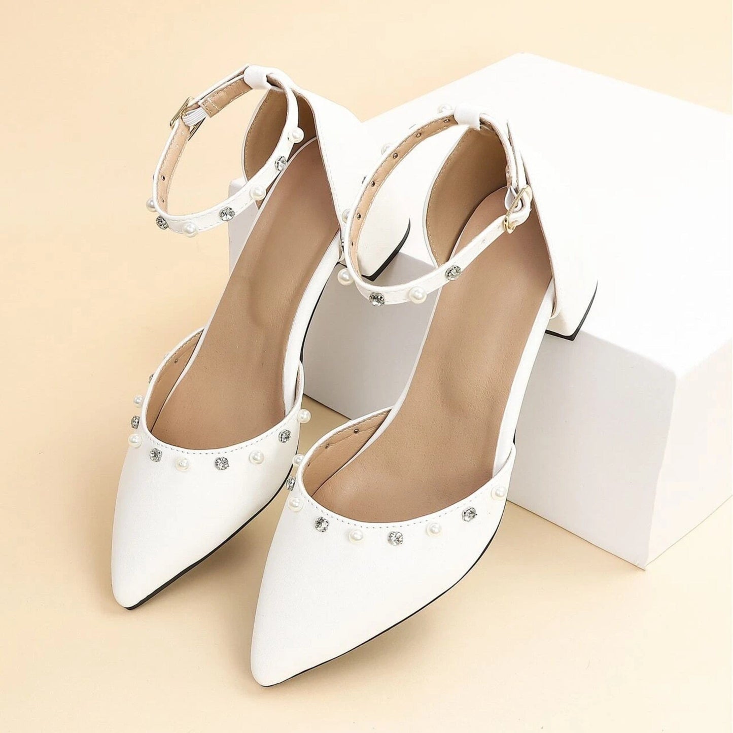 SHEIN Shein Womens Shoes 37 / White SHEIN - Wide Fit Rhinestone & Faux Pearl Heel