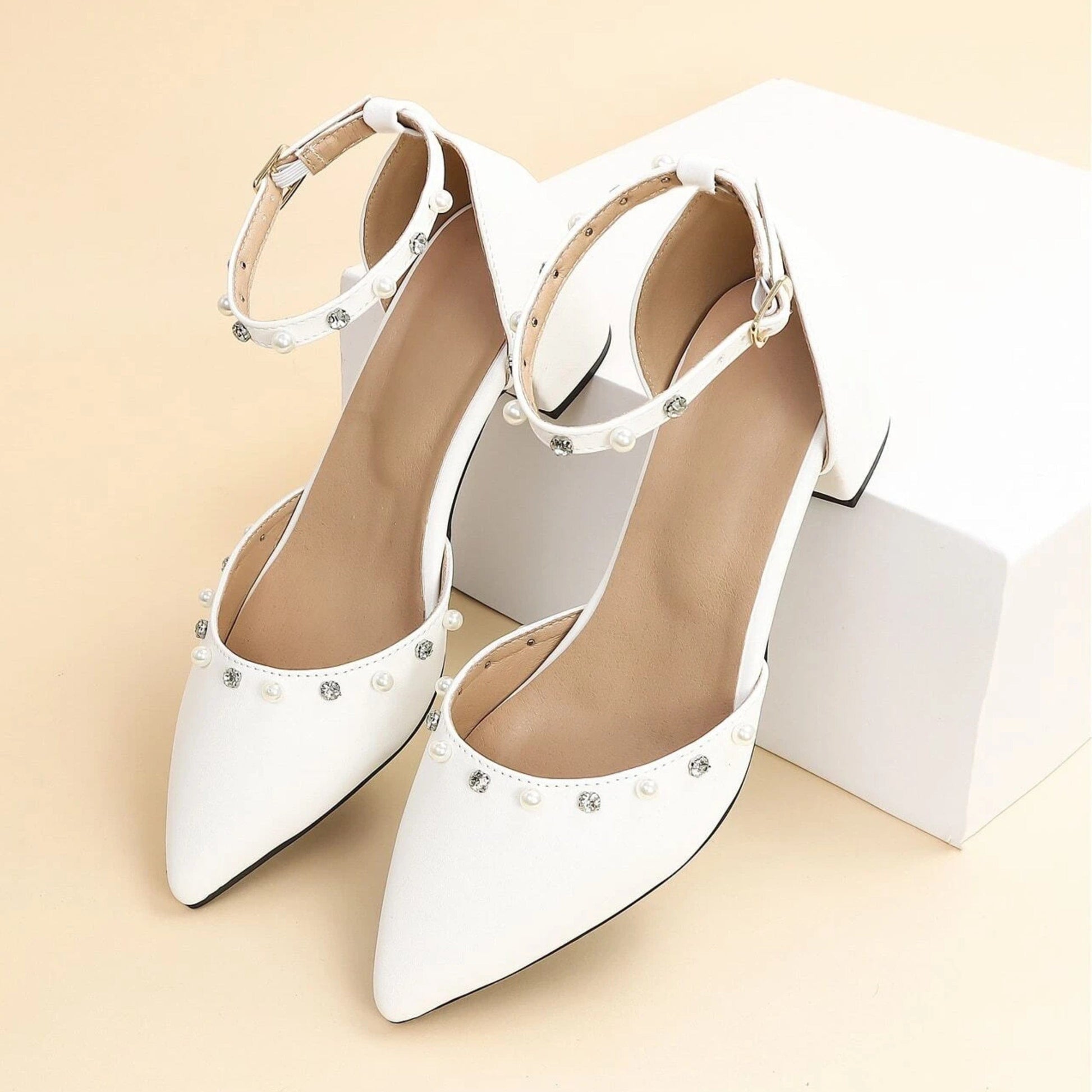 SHEIN Shein Womens Shoes 37 / White SHEIN - Wide Fit Rhinestone & Faux Pearl Heel