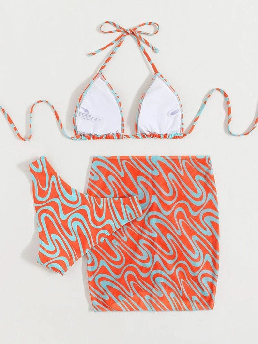 SHEIN Shein Womens Swimwear S / Multi-Color SHEIN - Allover Graphic Halter Triangle Bikini & Beach Skirt