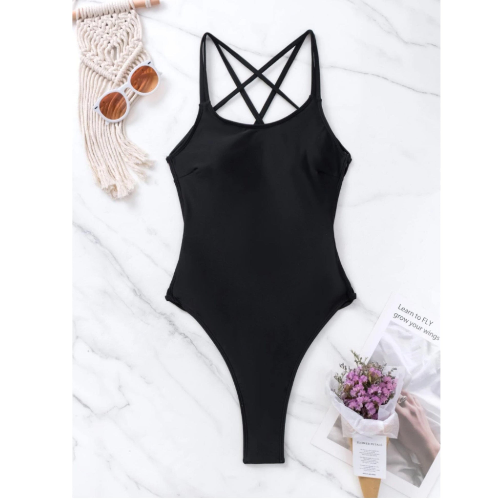 SHEIN Shein Womens Swimwear S / Black SHEIN - Beach Criss Cross Backless One Piece Swimsuit