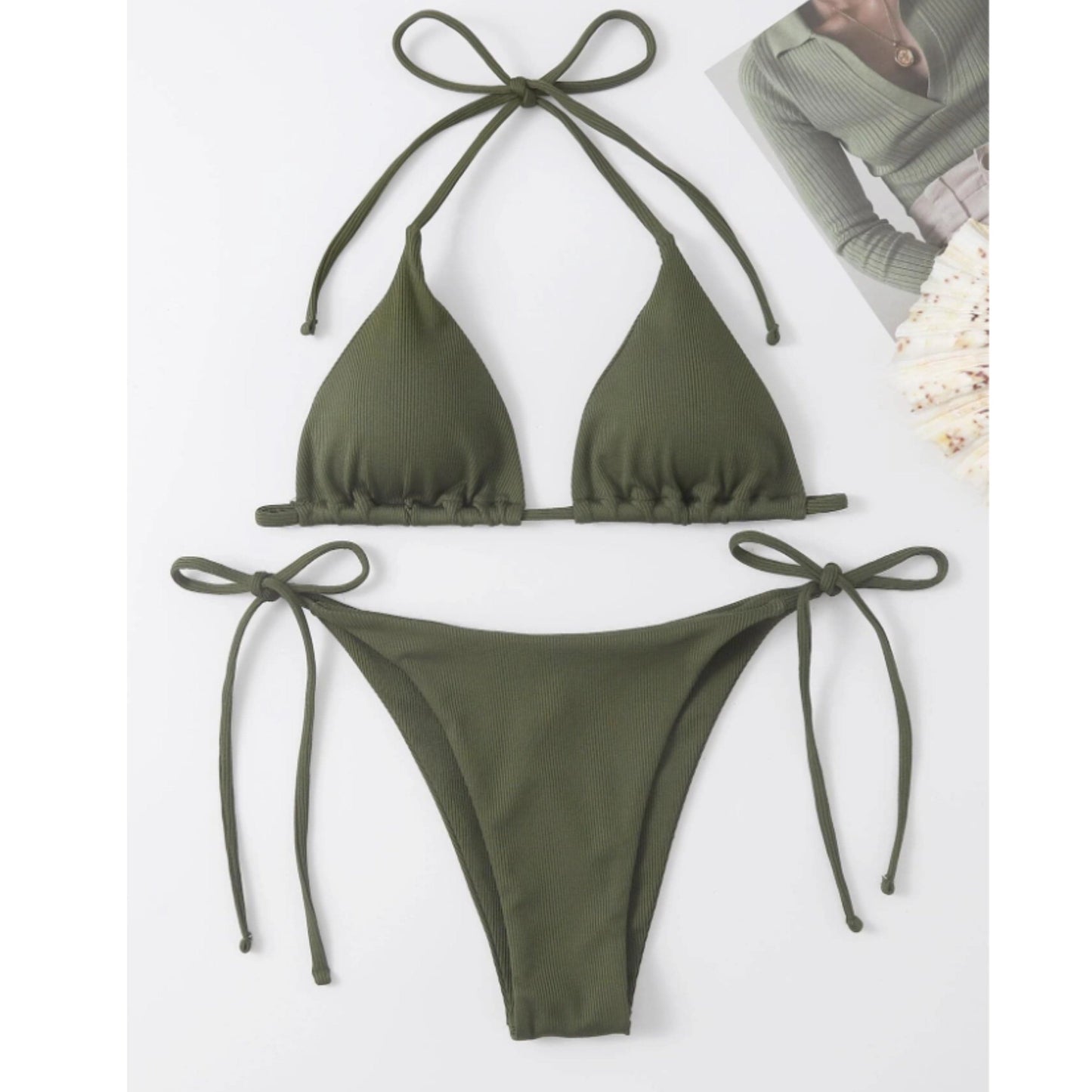 SHEIN Shein Womens Swimwear M / Green SHEIN - Beach Mono Bikini Set Halter Triangle Bra & Tie Side Bottom