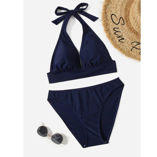 SHEIN Shein Womens Swimwear L / Navy SHEIN - Beach Solid Halter Bikini