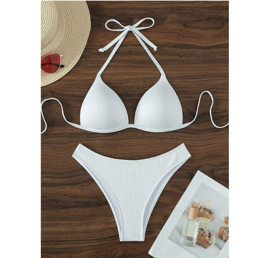 SHEIN Shein Womens Swimwear M / White SHEIN - Beach Solid Push Up Bikini Set