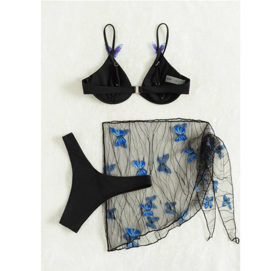 SHEIN Shein Womens Swimwear M / Black SHEIN - Butterfly design three piece bikini