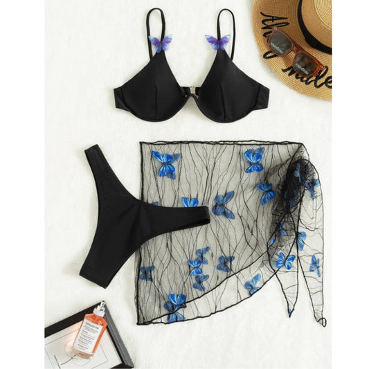 SHEIN Shein Womens Swimwear M / Black SHEIN - Butterfly design three piece bikini