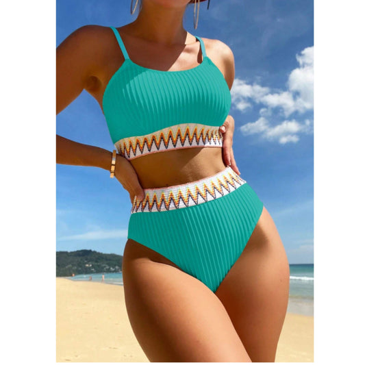 SHEIN Shein Womens Swimwear XL / Turquoise SHEIN - Chevron Tape Rib High Waisted Bikini