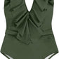SHEIN Shein Womens Swimwear M / Green SHEIN - Deep V Ruffle One Piece Swimsuit