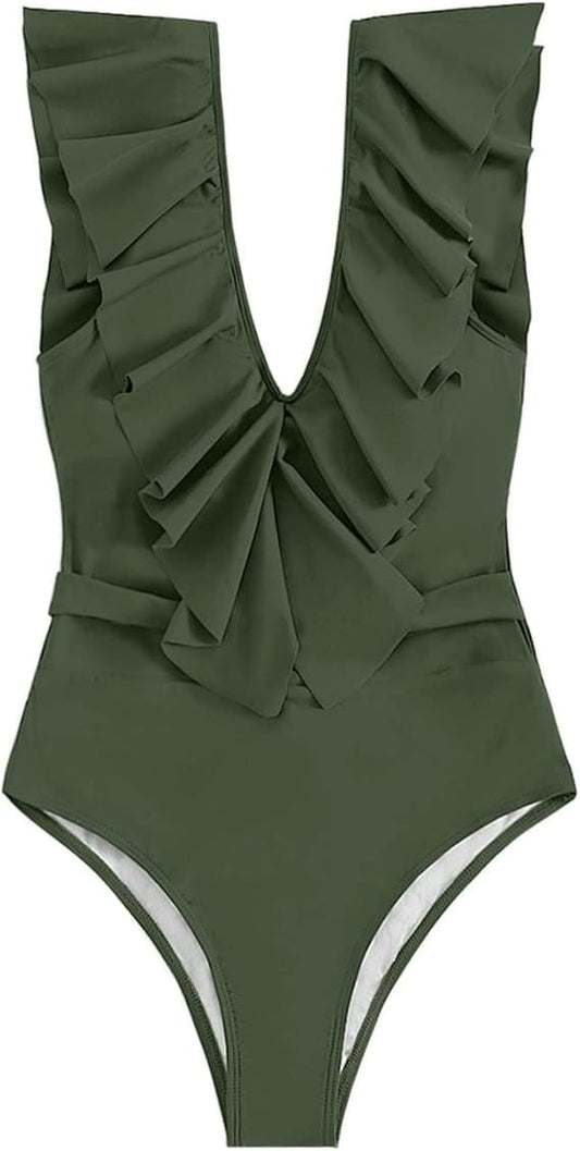 SHEIN Shein Womens Swimwear M / Green SHEIN - Deep V Ruffle One Piece Swimsuit