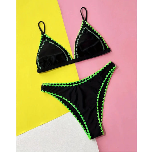 SHEIN Shein Womens Swimwear M / Black SHEIN - Detail design Stitch Triangle Bikini