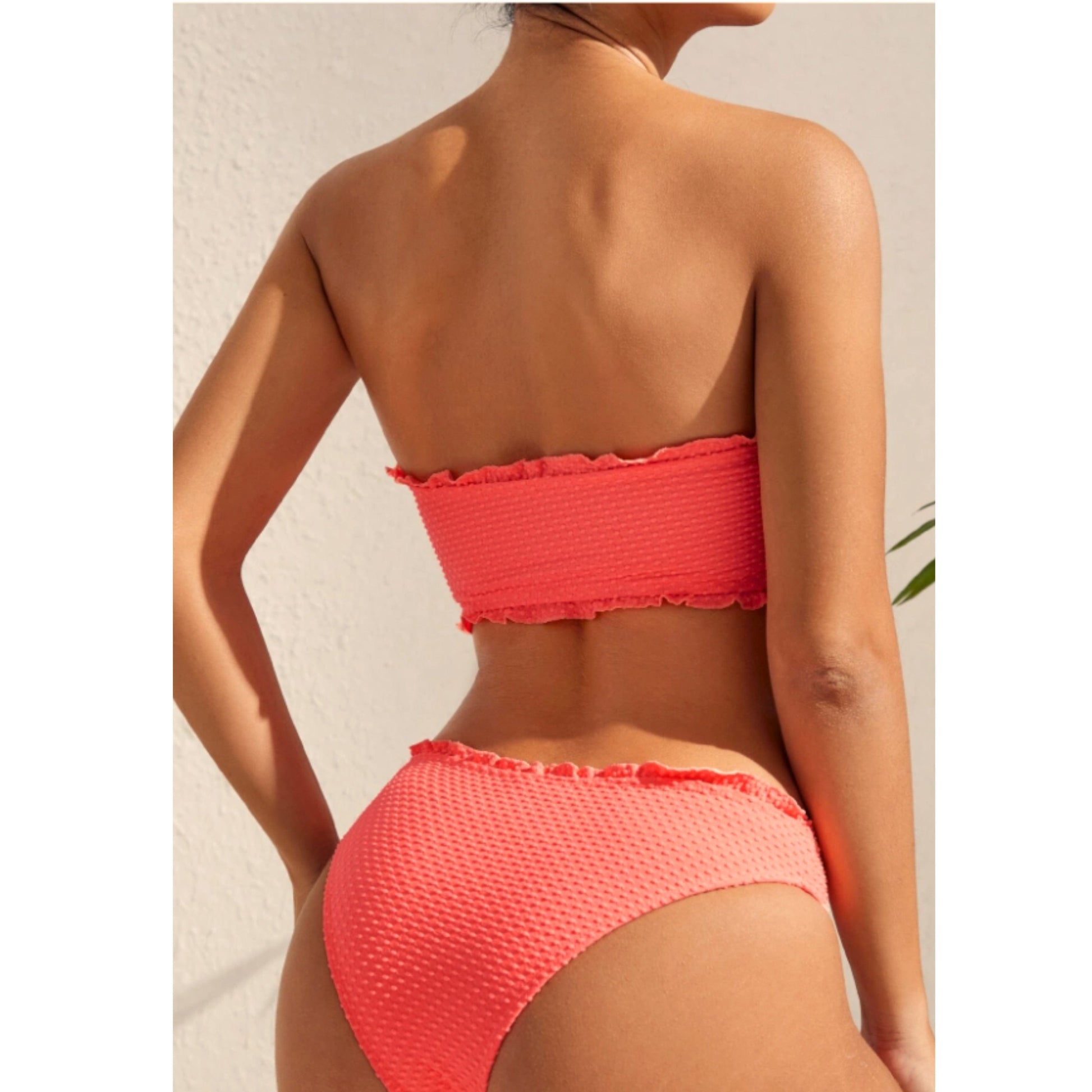 SHEIN Shein Womens Swimwear M / Coral SHEIN - Frill Trim Bandeau Bikini Set