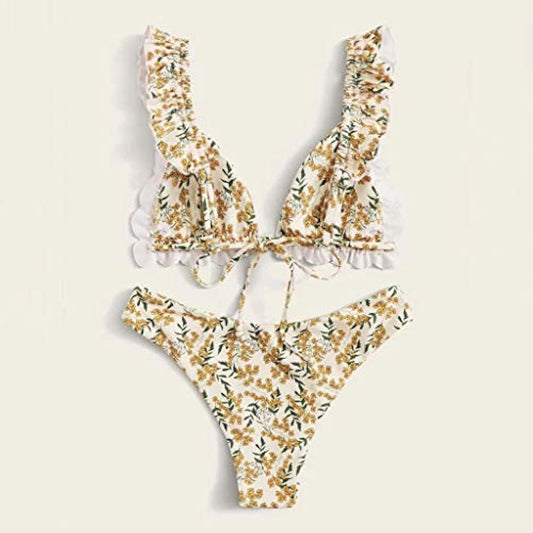SHEIN Shein Womens Swimwear L / Multi-Color SHEIN -  Frill Trim Triangle Floral Swimwear Two Pieces