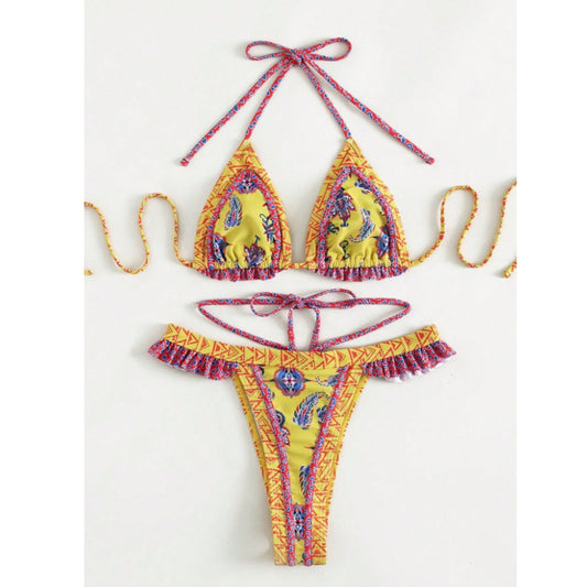 SHEIN Shein Womens Swimwear L / Multi-Color SHEIN - Geometric & Paisley Print Bikini Set Frill Trim Triangle Bra