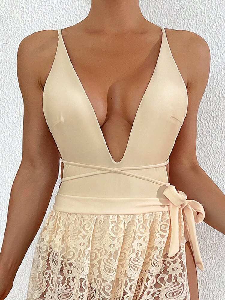 SHEIN Shein Womens Swimwear M / Beige SHEIN - Lace-Up Back Swimsuit
