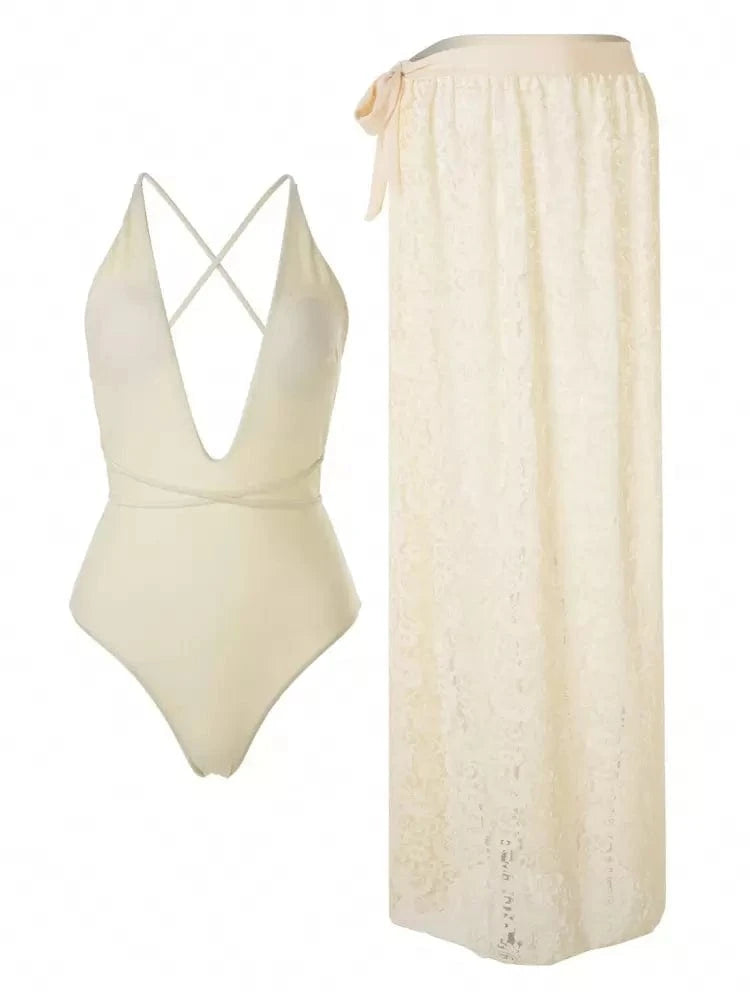 SHEIN Shein Womens Swimwear M / Beige SHEIN - Lace-Up Back Swimsuit