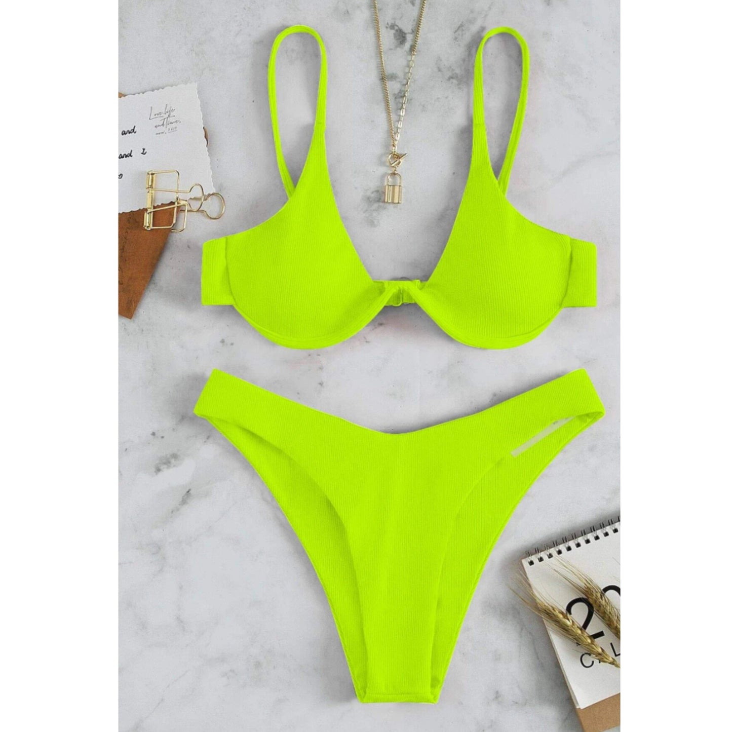 SHEIN Shein Womens Swimwear M / Green SHEIN - Mono Bikini Set Underwired Bra & High Cut Bottom